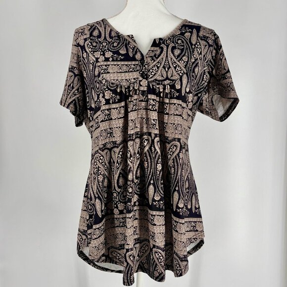 Halife Womens Short-Sleeve Paisley Print Boho Tunic Top Black & Beige Size L - Picture 1 of 8
